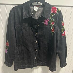 Blaine Trump Floral Embroidered Black Denim Jacket
